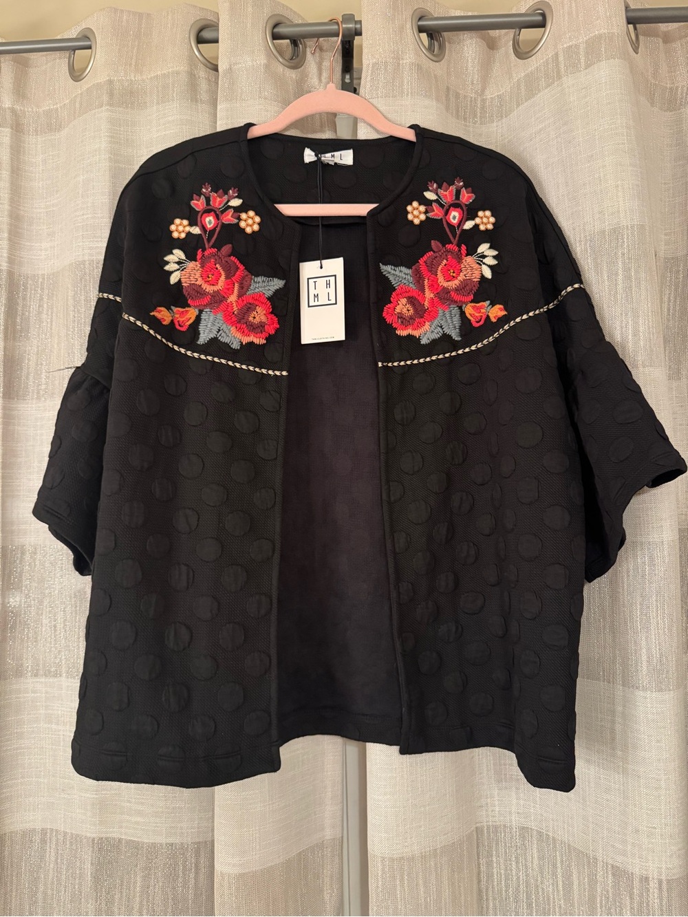 THML Black Open-Front Cardigan with Red Floral Embroidery